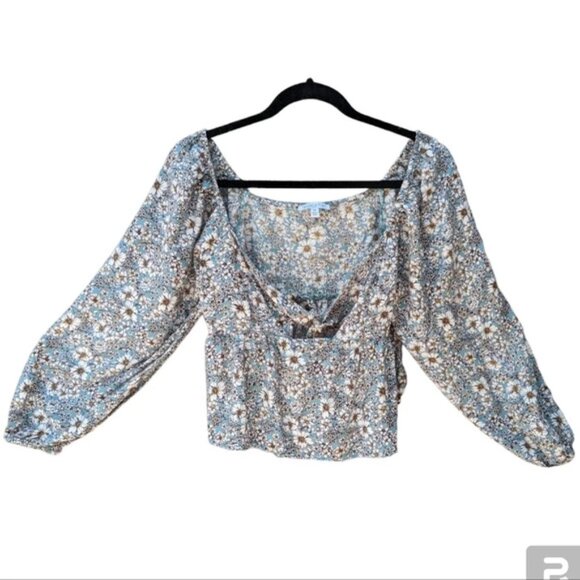 Patrons of Peace Tie Front Long Bishop Sleeve Crop Top Womans XS Floral  Boho - Picture 1 of 5